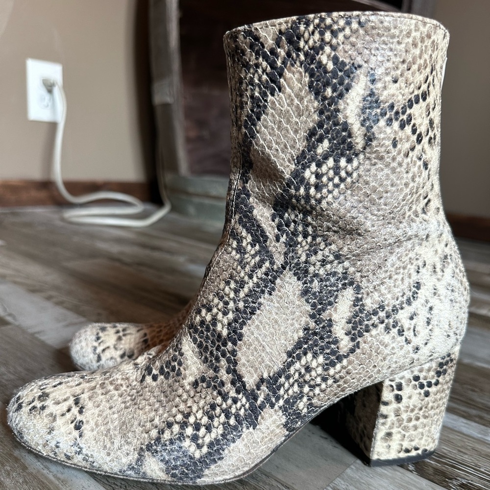 Snake Print Heeled Boots, worn but still in great condition, size 7.5